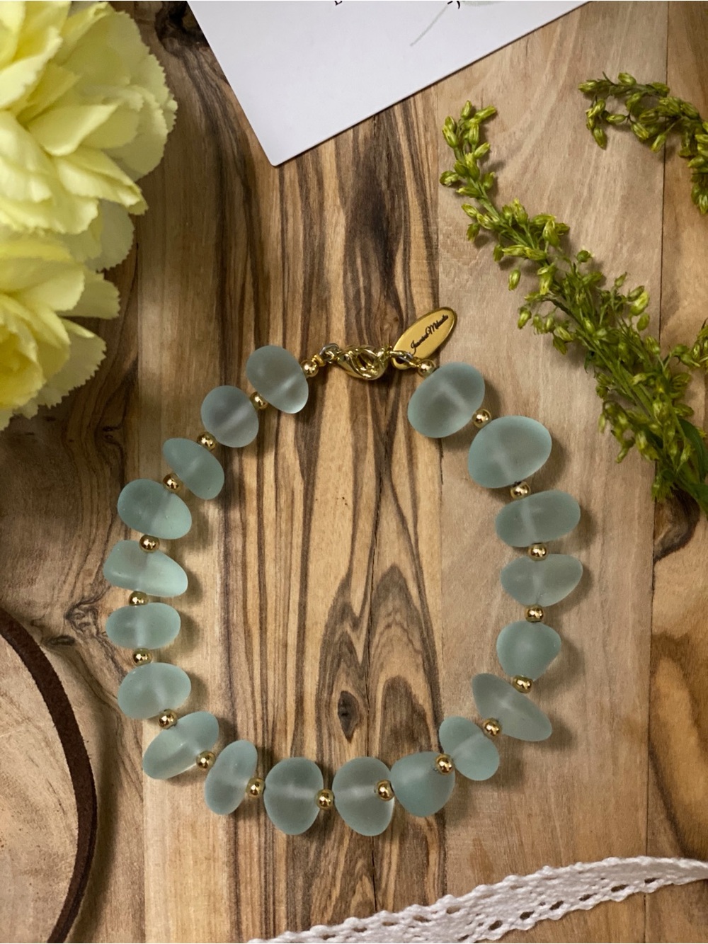 The Sea Foam Bracelet l Handmade Green Glass Bead Bracelet with Gold Accents